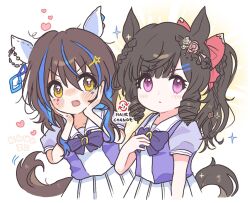 Rule 34 | 2girls, alternate hairstyle, animal ear piercing, animal ears, annoyed, arrow (symbol), blue hair, blush, bow, bowtie, braid, brown hair, closed mouth, collared shirt, cowboy shot, daiichi ruby (umamusume), daitaku helios (umamusume), dot nose, eyelashes, facepaint, flower, hair between eyes, hair bow, hair flower, hair ornament, hairclip, hairstyle switch, half up braid, hand on own chest, hands on own cheeks, hands on own face, happy, heart, highres, horse ears, horse girl, horse tail, kerimka31328031, light blush, light frown, long hair, looking at another, loose hair strand, motion lines, multicolored hair, multiple braids, multiple girls, parallel hairclips, pink flower, pink rose, pleated skirt, ponytail, puffy short sleeves, puffy sleeves, purple bow, purple bowtie, purple eyes, purple shirt, red bow, ringlets, rose, school uniform, shirt, short sleeves, simple background, skirt, sparkle, standing, star (symbol), star hair ornament, streaked hair, sweat, tail, tail wagging, tareme, tracen school uniform, two-tone hair, two-tone shirt, umamusume, white background, white flower, white rose, white shirt, white skirt, yellow eyes, yuri