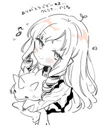 1girl absurdres blush closed_mouth cropped_torso doctor_magus doctor_magus_4 dress eighth_note etrian_odyssey highres long_hair looking_at_viewer monster musical_note nikki_kyousuke ringlets simple_background sleeveless sleeveless_dress smile solo translation_request upper_body white_background