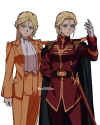 Rule 34 | 1girl, artist name, black cape, blonde hair, blouse, blue eyes, breasts, cape, char&#039;s counterattack, char aznable, closed mouth, commentary request, cowboy shot, earrings, formal clothes, genderswap, genderswap (mtf), gloves, gundam, hand up, highres, jacket, jewelry, lipstick, long hair, long sleeves, makeup, medium breasts, military uniform, multiple views, orange jacket, orange pants, pant suit, pants, red jacket, red lips, red pants, sheath, sheathed, shirt, simple background, suit, sword, twitter username, weapon, white background, white gloves, white shirt, yy0880yy
