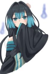1girl aqua_eyes aqua_hair black_hair black_kimono carmilla_(yami_healer) cropped_torso flower ghost hair_between_eyes hair_flower hair_intakes hair_ornament isshun_de_chiryou_shiteita_noni_yakutatazu_to_tsuihou_sareta_tensai_chiyushi_yami_healer_toshite_tanoshiku_ikiru japanese_clothes kimono long_hair looking_at_viewer multicolored_hair off_shoulder prophet1109 simple_background solo two-tone_hair white_background