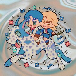 Rule 34 | 118ween, 2boys, :d, aged down, animal, bat (animal), blonde hair, blue eyes, blue flower, blue hair, blue jacket, blue pants, blue shorts, blue socks, blue vest, blush, bow, bowtie, brown shoes, brown shorts, chibi, collared shirt, commentary, commentary request, danny (jojo), dio brando, dog, flower, holding, holding knife, holding weapon, jacket, jojo no kimyou na bouken, jonathan joestar, knife, long sleeves, lowres, male focus, multiple boys, necktie, official alternate costume, open clothes, open jacket, open mouth, pants, phantom blood, red bow, red bowtie, red flower, red necktie, riding, shirt, shoes, short hair, shorts, smile, socks, sparkle, suspenders, tongue, tongue out, vest, weapon, white shirt, white socks, yellow eyes