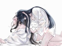Rule 34 | 2boys, ahoge, alternate costume, anal, bare legs, bare shoulders, bathrobe, black hair, blurry, blurry foreground, blush, bottomless, bound, bound wrists, brown hair, censored, chinese clothes, closed eyes, clothes grab, covering another&#039;s eyes, hanfu, highres, kneeling, lan wangji, long hair, long sleeves, lying, male focus, modao zushi, multiple boys, naked robe, novelty censor, off shoulder, on stomach, open mouth, ponytail, prone bone, robe, semiusa1010, sex, sex from behind, sidelocks, simple background, sweat, tongue, twitter username, wei wuxian, white background, white robe, wide sleeves, yaoi