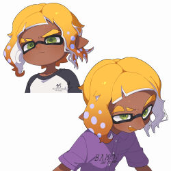 1boy absurdres black_sleeves blonde_hair breast_pocket closed_mouth collared_shirt dark-skinned_male dark_skin dress_shirt eyebrow_cut gradient_hair green_eyes highres inkling inkling_boy inkling_player_character male_focus multicolored_hair multiple_views nintendo orange_hair pocket pointy_ears purple_shirt raglan_sleeves shirt short_hair simple_background splatoon_(series) surume01417 tentacle_hair thick_eyebrows white_background white_shirt