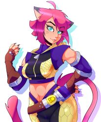 1girl 2019 ahoge animal_ears artist_name ball blade_kitten blue_background blue_eyes breasts cat_ears cat_tail clenched_hands commentary contrapposto cowboy_shot cropped_hoodie dark-skinned_female dark_skin dated detached_sleeves english_commentary eyebrows_hidden_by_hair eyewear_on_head facial_mark fang fangs female_focus fingerless_gloves fingernails full_body gloves glowing head_tilt hexagon_print high_heels highres holding holding_ball hood hood_down hoodie kit_ballard knee_pads lips looking_at_viewer medium_breasts midriff navel pink_hair purple_hoodie purple_shirt randomgloves red_nails shadow sharp_fingernails shirt short_sleeves simple_background slit_pupils solo spanish_commentary swept_bangs tail thick_thighs thighs toned toned_female two-tone_hoodie undershirt whisker_markings yellow_hoodie