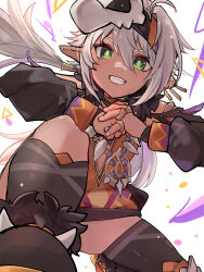1girl ahoge animal_skull arms_up cracking_knuckles dark-skinned_female dark_skin earrings facial_mark fist_in_hand floating_hair foreshortening from_below genshin_impact green_eyes grey_hair grin hair_between_eyes headband highres iansan_(genshin_impact) jacket jewelry long_hair looking_at_viewer multiple_rings necklace on_one_knee own_hands_together pointy_ears ring sakura_no_yoru shoes skindentation skull_on_head smile solo spread_legs thighhighs twintails very_long_hair
