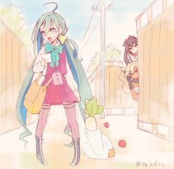 10s 3girls ahoge apple bag blue_hair boots bow bowtie brown_eyes brown_hair colis daikon day dress fence food fruit glasses gloves grey_eyes grey_hair grocery_bag hair_between_eyes hajimete_no_otsukai hiding holding holding_paper kantai_collection kiyoshimo_(kancolle) lace-up_boots light_brown_hair long_hair long_sleeves low_twintails multicolored_hair multiple_girls musashi_(kancolle) omamori open_mouth outdoors pantyhose paper peeking_out power_lines purple_legwear radish red_eyes shopping_bag short_hair_with_long_locks shoulder_bag sleeveless sleeveless_dress standing sweatdrop tag translation_request twintails twitter_username very_long_hair wooden_fence yamato_(kancolle)