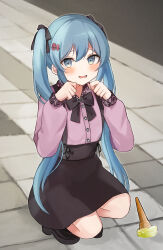 1girl absurdres aqua_eyes aqua_hair black_bow black_ribbon black_shoes black_skirt blue_eyes blue_hair blush bow food_on_floor hair_between_eyes hair_ornament hair_ribbon hatsune_miku high-waist_skirt highres ice_cream_cone jirai_kei lace long_hair looking_at_viewer meruko-san number_hair_ornament open_mouth pink_shirt ribbon shirt shoes sidewalk skirt solo squatting suspender_skirt suspenders tearing_up twintails very_long_hair vocaloid