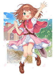 1girl absurdres arm_up breasts brown_hair capelet character_request commentary_request commission fortune_summoners full_body green_eyes hair_between_eyes hair_ornament hairband highres one_eye_closed open_mouth petals rii_(metro_electro) skeb_commission small_breasts solo watermark