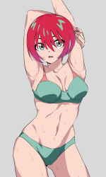 1girl amate_yuzuriha aqua_bra aqua_eyes aqua_panties arm_behind_head armpits arms_up atamadarurun blush bra breasts cameltoe contrapposto cowboy_shot grey_background gundam gundam_gquuuuuux highres looking_at_viewer medium_breasts midriff navel open_mouth panties red_hair short_hair solo stomach sweat underwear underwear_only
