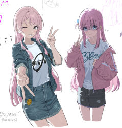 2girls artist_name bang_dream! bang_dream!_it&#039;s_mygo!!!!! black_skirt blue_eyes bocchi_the_rock! chihaya_anon crossover double_v gotoh_hitori grey_eyes hand_up highres hood hoodie kessoku_band kessoku_band_t-shirt multiple_girls mygo!!!!!_(bang_dream!) one_eye_closed pink_hair pink_hoodie signallerc skirt v