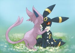 Rule 34 | animal focus, black eyes, closed eyes, espeon, flower, forehead jewel, gen 2 pokemon, grass, nintendo, no humans, open mouth, pokemon, pokemon (creature), sidelocks, sitting, umbreon, volpecorvo