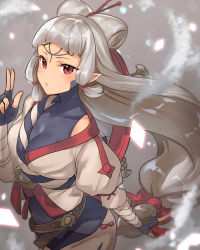 1girl breasts brown_eyes cowboy_shot facial_mark fingerless_gloves forehead_mark gloves grey_background haru_(nakajou-28) highres hyrule_warriors:_age_of_calamity impa long_hair looking_at_viewer low-tied_long_hair medium_breasts nintendo sheikah solo the_legend_of_zelda the_legend_of_zelda:_breath_of_the_wild very_long_hair white_hair