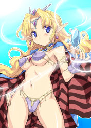 1girl bad_id bad_pixiv_id bikini blonde_hair blue_eyes breasts cape crystal eeeeee elf esper_(saga_2) female_focus jewelry lots_of_jewelry pointy_ears saga saga_2 solo striped swimsuit underboob
