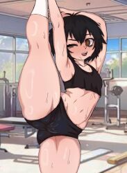 1girl arms_up bare_shoulders bike_shorts black_hair black_shorts black_sports_bra blurry blurry_background brown_eyes cameltoe chasa1990 collarbone day eyelashes feet_out_of_frame female_focus flat_chest indoors kyojiri_loli leaning_to_the_side leg_up loli looking_at_viewer marvel midriff navel one_eye_closed peni_parker short_hair shorts socks solo spider-man_(series) spider-verse split sports_bra standing standing_on_one_leg stretching thick_thighs thighs white_socks wide_hips