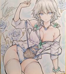 1girl absurdres alternate_costume blue_eyes blue_flower blue_rose bow braid breasts cleavage clothing_request collarbone commentary_request dated flower green_bow grey_hair hair_bow highres izayoi_sakuya large_breasts long_hair long_sleeves looking_at_viewer monety rose scrunchie shikishi signature sleeves_rolled_up solo thighhighs thighs touhou traditional_media twin_braids white_thighhighs wrist_scrunchie