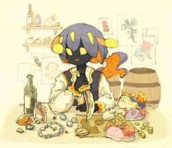 1boy animal antennae barrel beer_bottle black_skin blue_hair blue_vest coin colored_skin commentary_request compass creature_and_personification holding holding_knife jewelry knife long_sleeves looking_at_object maniani map multicolored_hair orange_hair orange_trim original personification pirate ponytail poster_(object) pouch sea_slug shelf shirt vest white_shirt yellow_eyes yellow_trim
