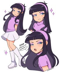 1girl animification cremanata hairband highres holding makeup mascara purple_hairband purple_sweater simple_background skirt sleeveless sleeveless_sweater solo sparkle sweater taut_clothes taut_skirt the_fairly_oddparents trixie_tang white_background white_footwear white_skirt