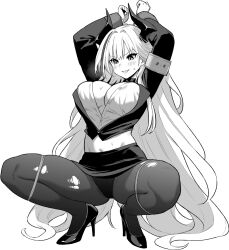 1girl admiral_zenker_(azur_lane) admiral_zenker_(fun_with...interrogations?)_(azur_lane) armband arms_up azur_lane azur_lane:_slow_ahead breasts cleavage greyscale highres hori_(hori_no_su) horns large_breasts long_sleeves monochrome official_art pantyhose shirt simple_background skirt smile solo spread_legs squatting torn_clothes torn_pantyhose white_background