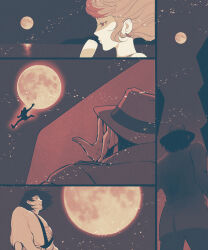 1girl 4boys absurdres arsene_lupin_iii black_hair cup drinking_glass earrings fedora formal_clothes full_moon goekakisan_(adelma) hair_flowing_over hakama half-closed_eyes hat highres ishikawa_goemon_xiii japanese_clothes jewelry jigen_daisuke light_particles light_reflection_(water) long_hair lupin_iii mine_fujiko moon moonlight multiple_boys night night_sky reaching reaching_towards_another short_hair sideburns sky suit water waving wind wine_glass zenigata_kouichi
