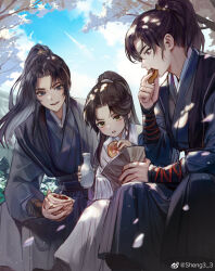 0jae 3boys :o artist_name bag bishounen black_hair black_robe black_sash blue_eyes blue_sky blush bottle brown_eyes child chinese_clothes chinese_commentary chu_wanning cloud commentary_request day eating erha_he_tadebai_mao_shizun floating_hair food food_in_mouth food_request hand_up hanfu high_ponytail highres holding holding_bottle holding_food light_particles long_hair long_sleeves looking_at_another male_focus mo_ran multiple_boys napkin open_mouth outdoors paper_bag parted_bangs petals ponytail purple_eyes robe sash sidelocks sitting sky smile teeth tree upper_teeth_only vambraces watermark weibo_watermark white_robe xia_sini xue_meng