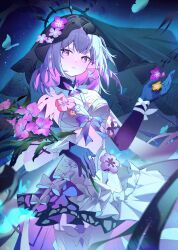 1girl absurdres asymmetrical_gloves black_veil bouquet breasts bug butterfly castorice_(honkai:_star_rail) commentary_request dress elbow_gloves flower gloves highres holding holding_bouquet honkai:_star_rail honkai_(series) insect long_hair medium_breasts pointy_ears purple_eyes purple_gloves purple_hair solo uneven_gloves veil wang_man white_dress