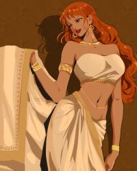 Rule 34 | 1girl, absurdres, alternate costume, bangle, bare shoulders, bindi, bracelet, breasts, brown background, brown eyes, commentary, cowboy shot, earrings, english commentary, gold armlet, gold bracelet, gold earrings, gold necklace, highres, indian clothes, jewelry, large breasts, long hair, looking to the side, midriff, nami (one piece), navel, necklace, one piece, orange hair, parted lips, prenkuchan, red lips, sarong, solo, strapless, tube top, wavy hair, white sarong, white tube top