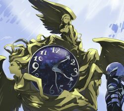 1boy angel_wings black_bodysuit bodysuit boss_fight clock commentary_request demon_(megami_tensei) gold isa_(peien516) looking_up male_focus norn_(megami_tensei) protagonist_(smtv) purple_hair shin_megami_tensei shin_megami_tensei_v shin_megami_tensei_v:_vengeance solo standing wings