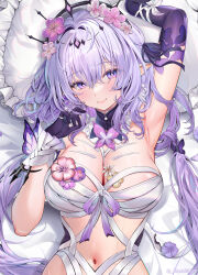 1girl arm_up armpits asymmetrical_gloves bed black_tiara blush bow breasts butterfly_earrings castorice_(honkai:_star_rail) cleavage closed_mouth collar commentary_request dakimakura_(medium) earrings flower gloves hair_between_eyes hair_bow hair_flower hair_intakes hair_ornament hand_up highres honkai:_star_rail honkai_(series) jewelry large_breasts long_hair looking_at_viewer lying machi_(machi0910) merchandise_available on_back on_bed parted_lips pillow pink_flower pointy_ears purple_bow purple_eyes purple_gloves purple_hair sidelocks smile solo sweat tiara twitter_username uneven_gloves upper_body