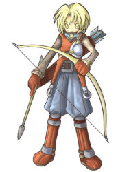1boy 2000s_(style) archer_(ragnarok_online) arrow_(projectile) artist_request bad_id blonde_hair blue_shorts boots bow_(weapon) brown_boots brown_gloves brown_shirt brown_vest closed_mouth expressionless full_body gloves holding holding_arrow holding_bow_(weapon) holding_weapon long_sleeves looking_at_viewer lowres male_focus muneate official_art quiver ragnarok_online shirt short_hair shorts simple_background solo standing vest weapon white_background yellow_eyes