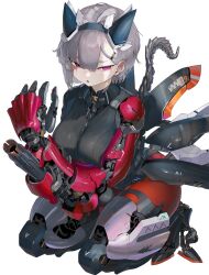 1girl absurdres arm_cannon armor black_armor black_shirt breasts cable dragon_girl grey_armor grey_hair highres horns joints large_breasts led mechanical_arms mechanical_horns mechanical_legs mechanical_tail mechanical_wings multicolored_armor original piston red_armor red_eyes robot_joints science_fiction shirt short_hair solo squatting tail weapon white_hair wings yunimaru