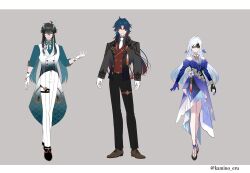 Rule 34 | 1girl, 2boys, absurdres, ahoge, asymmetrical gloves, bare shoulders, black dress, black gloves, black hair, black jacket, black pants, black shoes, black socks, black vest, blade (honkai: star rail), blindfold, blue dress, blue eyes, blue gloves, blue hair, blue nails, blue shirt, blue sleeves, border, bow, bowtie, bracelet, braid, brown shoes, buttons, closed mouth, collared shirt, colored blindfold, crescent, crescent ornament, crescent print, dan heng (honkai: star rail), dan heng (imbibitor lunae) (honkai: star rail), detached sleeves, dragon boy, dragon horns, dress, earrings, eyeliner, fingernails, flower, flower ornament, formal clothes, full body, gloves, gold bracelet, gold necklace, gold ring, gradient clothes, gradient hair, grey background, grey jacket, grey shirt, hair between eyes, hair ornament, hair over one eye, hand up, highres, honkai: star rail, honkai (series), horns, jacket, jewelry, jingliu (honkai: star rail), kamino eru, lapels, long hair, long sleeves, looking at viewer, makeup, mismatched gloves, multicolored hair, multiple boys, nail polish, necklace, necktie, official alternate costume, official alternate hairstyle, official art, open clothes, open jacket, pants, partially fingerless gloves, pointy ears, purple hair, red eyeliner, red eyes, red vest, seigaiha, shirt, shoes, sidelocks, simple background, single braid, single earring, sleeveless, sleeveless dress, smile, socks, standing, tassel, tassel earrings, teeth, thigh strap, two-tone dress, vest, white border, white bow, white bowtie, white flower, white gloves, white hair, white necktie, white pants, white vest