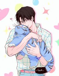 1boy 1other animal animal_hug belt black_hair blue_shirt closed_eyes cowboy_shot denim eyes_visible_through_hair hair_over_one_eye heart holding holding_animal jeans jinu_(kpop_demon_hunters) juneseo kpop_demon_hunters light_smile pants parted_bangs pink_belt pink_sleeves plaid_clothes plaid_shirt shirt short_hair simple_background sussie_(kpop_demon_hunters) tiger