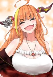 1girl absurdres ahoge blush bow breasts camisole cleavage_cutout closed_eyes clothing_cutout collarbone diagonal-striped_bow fangs highres hololive horn_bow horn_ornament horns itsuku_129 jacket jacket_partially_removed jewelry kiryu_coco kiryu_coco_(loungewear) large_breasts multicolored_hair necklace open_mouth orange_hair pointy_ears red_jacket skin_fangs smile solo streaked_hair white_camisole