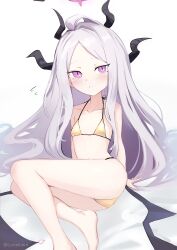 1girl absurdres ahoge ass barefoot bikini black_halo blue_archive blush commentary_request demon_girl demon_horns demon_wings flat_chest gold_bikini halo highres hina_(blue_archive) horns long_hair looking_at_viewer purple_eyes simple_background sitting sky_jio solo swimsuit white_background white_hair wings