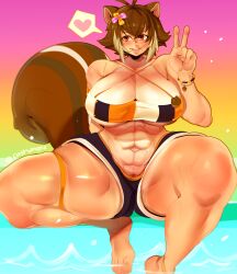 1girl abs absurdres acorn animal_ears bikini blazblue blush bracelet breasts brown_hair cashumeru hair_ornament heart highres huge_breasts jewelry makoto_nanaya muscular muscular_female navel pool poolside short_hair spoken_heart squirrel_ears squirrel_tail swimsuit tail v