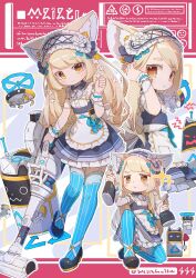 1girl animal_ear_fluff animal_ears apron black_shoes blonde_hair blue_bow blue_bowtie blue_collar blue_dress blue_flower blue_thighhighs blue_wrist_cuffs bottle bow bowtie closed_mouth collar detached_collar dress flower frilled_wrist_cuffs frills garter_straps hair_flower hair_ornament hairband highres holding holding_bottle ikpde lolita_hairband long_hair maid multiple_views orange_flower original outline petticoat shoes sleeveless sleeveless_dress spray_bottle thighhighs tucking_hair waist_apron white_apron white_flower white_outline wrist_cuffs yellow_eyes