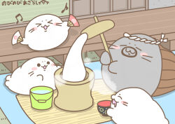 4others :3 animal animal_focus beard black_eyes blush bowl bucket bucket_of_water facial_hair folding_fan hachimaki hand_fan happy harp_seal headband japanese_clothes kine mallet mochitsuki multiple_others musical_note no_humans nobinobi_azarashi original powder rice_bowl seal_(animal) signature veranda whiskers