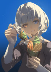 1girl airool bang_dream! bang_dream!_it&#039;s_mygo!!!!! blue_background blue_eyes chinese_commentary commentary_request cup gradient_background grey_hair grey_shirt grin hand_up head_tilt heterochromia highres holding holding_cup holding_spoon ice_cream_spoon kaname_raana layered_shirt long_sleeves looking_at_viewer matcha_(food) matcha_parfait shirt short_hair short_sleeves single_off_shoulder sleeves_past_wrists smile solo spoon swept_bangs upper_body yellow_eyes