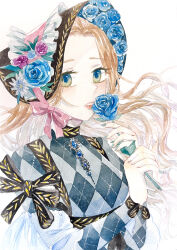 1girl absurdres argyle_clothes blue_flower blue_rose bonnet brown_hair dress dress_ribbon flower flower_in_hat green_dress green_eyes hair_flowing_over highres holding holding_flower jewelry long_hair looking_at_viewer makeup mmo_07 nail_polish open_mouth original ornate_clothes painting_(medium) pink_ribbon ribbon rose simple_background solo traditional_media watercolor_(medium) white_background