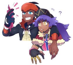 Rule 34 | 2boys, ?, arm around neck, baseball cap, beard, black hair, black headwear, black jacket, blue eyes, blue shirt, cellphone, cropped torso, dark-skinned male, dark skin, earrings, facial hair, gen 4 pokemon, gloves, grey hair, grin, gym leader, half-closed eyes, hand up, happy, hat, headband, holding, jacket, jewelry, leon (pokemon), long hair, long sleeves, male focus, multicolored hair, multiple boys, nintendo, notice lines, orange headband, parted lips, phone, pokemon, pokemon (creature), pokemon swsh, purple hair, raihan (pokemon), rotom, rotom phone, selfie, shirt, short hair, short sleeves, simple background, single glove, smile, suzumushi (tanpopo cha), teeth, two-tone hair, uneven eyes, upper body, white background, wristband, yellow eyes