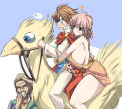 1990s_(style) 1girl 2boys ? alternate_breast_size bartz_klauser beard blonde_hair blue_eyes blush boco bracelet breast_press breasts brown_hair cape chocobo couple facial_hair final_fantasy final_fantasy_v galuf_halm_baldesion gigantic_breasts green_eyes hug huge_breasts jewelry kloah lenna_charlotte_tycoon multiple_boys multiple_riders orange_skirt pink_hair retro_artstyle riding short_hair sideboob skirt thighs wristband