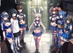 6+girls absurdres apron atlanta_(kancolle) bandeau belt black_gloves black_hair black_hairband black_neckerchief black_panties black_skirt blonde_hair blue_bandeau blue_eyes blue_hair blue_kimono blue_sailor_collar blue_shirt blue_skirt blue_tube_top breasts bridal_gauntlets brown_eyes brown_hair cheerleader crop_top cropped_jacket double_bun eckert&amp;eich elbow_gloves floral_print gloves gotland_(2020_race_queen)_(kancolle) gotland_(kancolle) grey_eyes hair_bun hairband hand_on_own_hip headphones highleg highleg_panties highres hokkaido_nippon-ham_fighters houshou_(kancolle) i-47_(cheerleader)_(kancolle) i-47_(kancolle) japanese_clothes kaga_(kancolle) kantai_collection kappougi kimono kitsune_dance large_breasts layered_skirt long_hair medium_hair microskirt miniskirt mole mole_under_eye multiple_girls neckerchief nippon_professional_baseball official_alternate_costume panties pantyhose pleated_skirt ponytail race_queen sailor_collar shimakaze_(kancolle) shirt shrug_(clothing) side_ponytail single_hair_bun skirt sleeveless sleeveless_shirt smile standing strapless striped_clothes striped_thighhighs thighhighs tube_top two_side_up underwear urakaze_(kancolle) urakaze_(yukata)_(kancolle) white_belt white_gloves white_pantyhose window