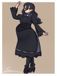 1girl @_@ breasts dress earrings female_focus full_body hex_maniac_(pokemon_legends:_z-a) highres jewelry long_hair looking_at_viewer lunarpix_(artist) medium_breasts nintendo pokemon pokemon_legends:_z-a pregnant simple_background solo