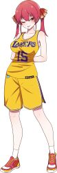 1girl ;p arms_behind_back austin_reaves austin_reaves_(cosplay) basketball_jersey basketball_uniform breasts cleavage commission commissioner_upload cosplay crossover full_body highres hololive houshou_marine large_breasts looking_at_viewer los_angeles_lakers national_basketball_association one_eye_closed red_hair red_shoes shirt shirt_tug shoes simple_background sneakers snkagawa socks solo sportswear standing taut_clothes taut_shirt tongue tongue_out transparent_background twintails virtual_youtuber white_socks