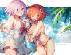 2girls ;d ahoge bare_shoulders bikini blue_sky blush breasts cleavage cloud cloudy_sky collarbone commentary_request copyright_name dress eyes_visible_through_hair fate/grand_order fate_(series) framed fujimaru_ritsuka_(female) fujimaru_ritsuka_(female)_(brilliant_summer) hair_between_eyes hair_ornament hair_over_one_eye hair_scrunchie holding_hands innertube large_breasts looking_at_viewer mash_kyrielight mash_kyrielight_(swimsuit_of_perpetual_summer) mebaru medium_hair multiple_girls navel official_alternate_costume one_eye_closed open_mouth orange_bikini orange_eyes orange_hair palm_tree parted_lips pink_hair purple_eyes scrunchie short_dress side_ponytail sky sleeveless sleeveless_dress smile standing stomach striped_bikini striped_clothes swim_ring swimsuit tree w white_dress yellow_scrunchie yuri