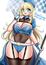 1girl absurdres adapted_costume atago_(kancolle) beret black_garter_straps black_thighhighs blonde_hair blue_hat breasts covered_navel garter_straps gloves green_eyes hat highres kantai_collection katou_shinobu large_breasts long_hair looking_at_viewer puffy_short_sleeves puffy_sleeves race_queen short_sleeves solo thighhighs very_long_hair white_gloves