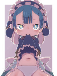 1boy blue_eyes blue_hair blush border bright_pupils bulge clothes_in_mouth clothes_lift lifting_own_clothes looking_at_viewer made_in_abyss maid maid_headdress male_focus maruruk mouth_hold navel panties short_hair short_sleeves shota simple_background solo trap underwear whistle white_border white_panties ximu_shilang