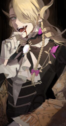 1boy absurdres ascot black_background black_jacket blonde_hair blood blood_from_mouth blood_on_teeth bow braid crazy_eyes curly_hair earrings fangs fate/grand_order fate_(series) frilled_shirt_collar frilled_sleeves frills glint gloves green_eyes hair_bow hair_over_one_eye hand_up highres jacket jewelry light_particles long_hair long_sleeves looking_at_viewer male_focus multiple_rings opal_(gemstone) purple_bow ring shirt side_braid simple_background single_braid slit_pupils solo teeth very_long_hair white_ascot white_gloves white_shirt wolfgang_amadeus_mozart_(fate) wolfgang_amadeus_mozart_(masquerade_of_the_vampire)_(fate) yukkuri_(fumoyun)