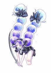 Rule 34 | 1other, absurdres, ahoge, androgynous, aqua hair, black bow, black hairband, black jacket, black necktie, black shoes, black shorts, blue hair, bow, brown socks, cengxunuo139, closed eyes, collared shirt, commentary request, fang, full body, gem uniform (houseki no kuni), hair bow, hairband, highres, holding, holding sword, holding weapon, houseki no kuni, jacket, long hair, multi-tied hair, multicolored hair, necktie, open mouth, original, other focus, puffy short sleeves, puffy sleeves, purple hair, purple mouth, shirt, shoes, short sleeves, shorts, simple background, skin fang, socks, solo, sword, weapon, white background, white shirt