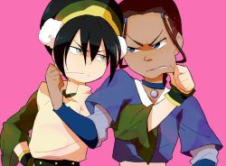 2girls avatar:_the_last_airbender avatar_legends black_hair blue_eyes brown_hair cheek_pull chinese_clothes dark-skinned_female dark_skin grey_eyes hair_bun katara knknknk multiple_girls nickelodeon short_hair single_hair_bun toph_beifong